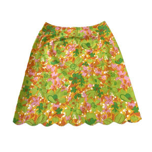 Vintage FL Malik Skirt Womens 6 Green Floral A Line Scallop Hem Preppy Twee 80s